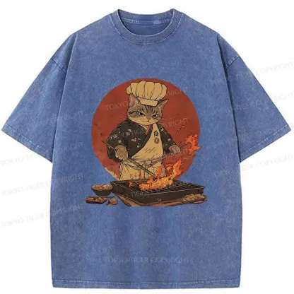 Tokyo-Tiger Cat Grill Chef Washed T-Shirt