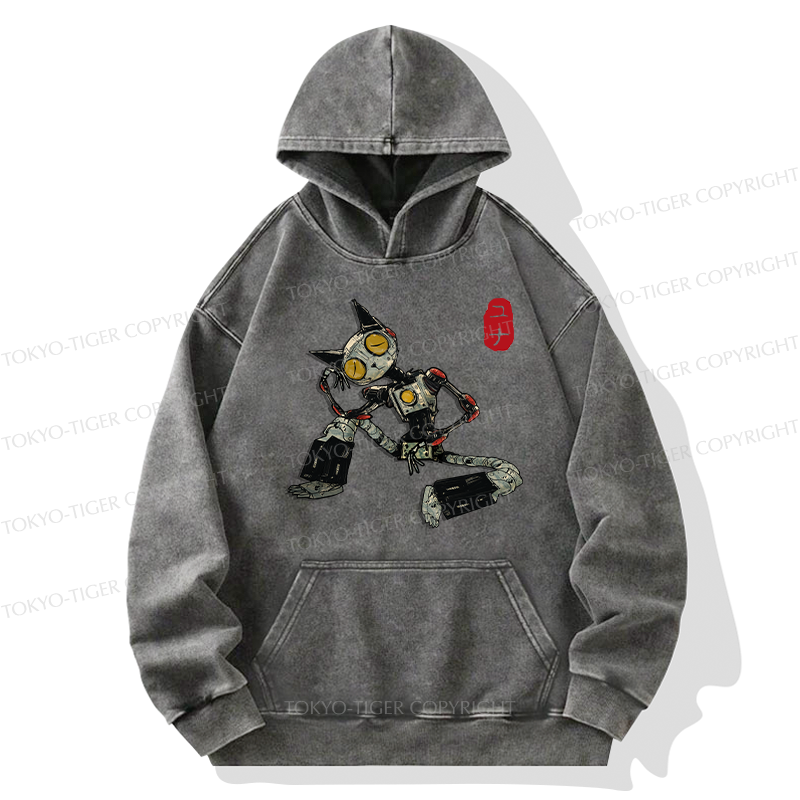 Tokyo-Tiger Contemplative Robot Cat Washed Hoodie