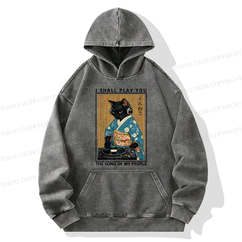 Tokyo-Tiger Funny Playing Music Black Cat Washed Hoodie