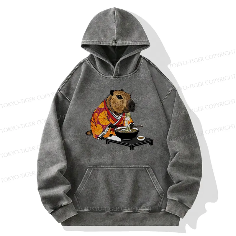 Tokyo-Tiger Cute Capybara Eating Ramen Washed Hoodie