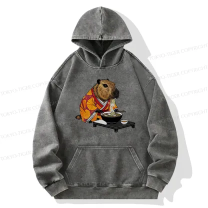 Tokyo-Tiger Cute Capybara Eating Ramen Washed Hoodie