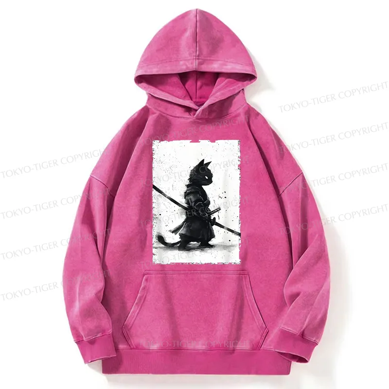 Tokyo-Tiger Retro Cat Samurai Japanese Washed Hoodie