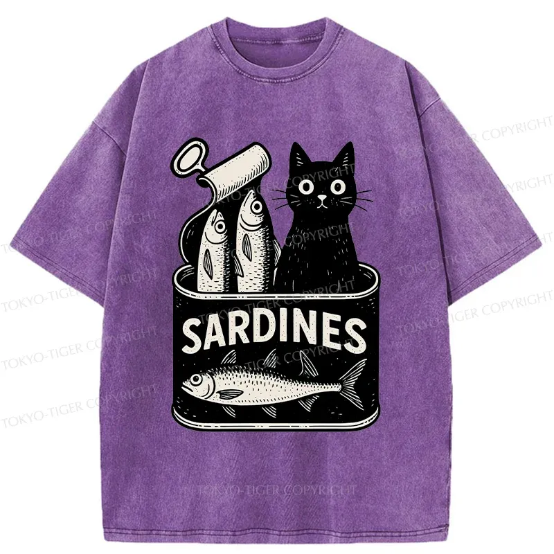 Tokyo-Tiger Cat And Canned Fish Washed T-Shirt