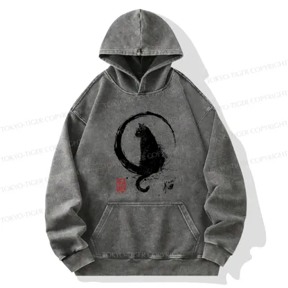 Tokyo-Tiger Retro Japanese Black Cat Washed Hoodie