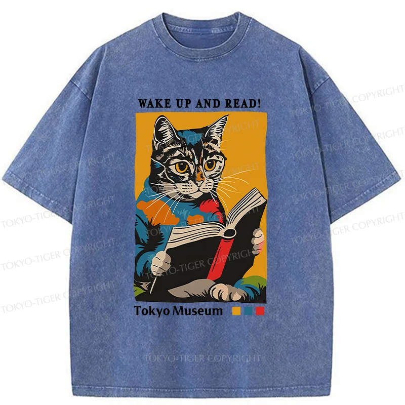 Tokyo-Tiger Cat Reading Washed T-Shirt