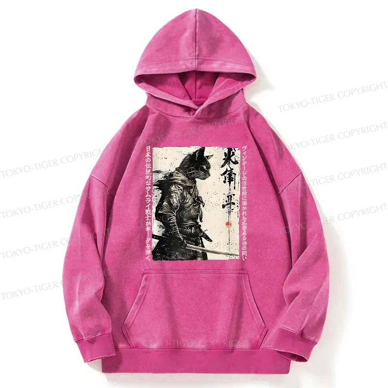 Tokyo-Tiger Cat Samurai Retro Washed Hoodie