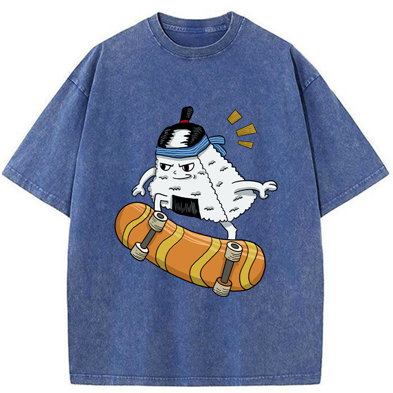Tokyo-Tiger Skateboard Lover Rice Ball Washed T-Shirt