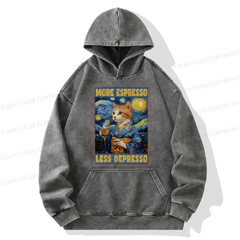 Tokyo-Tiger Funny More Espresso Less Depresso Washed Hoodie