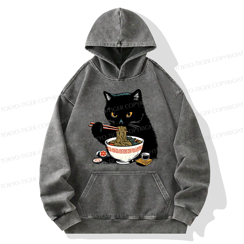 Tokyo-Tiger Cat Eating Favorite Ramen Washed Hoodie