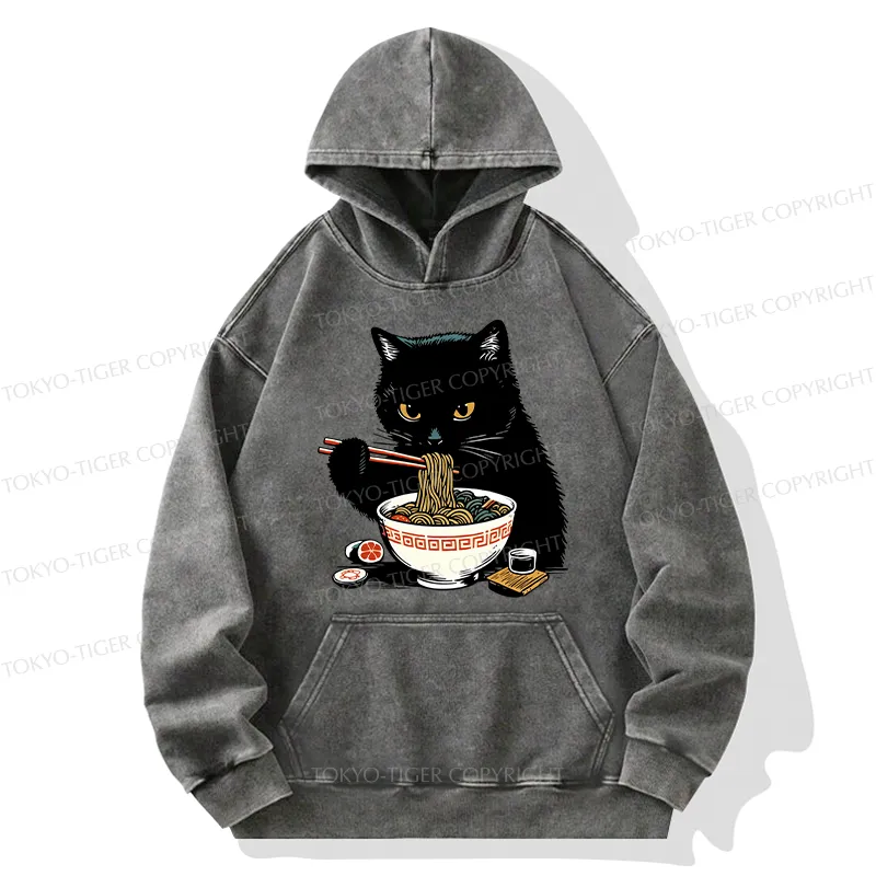 Tokyo-Tiger Cat Eating Favorite Ramen Washed Hoodie