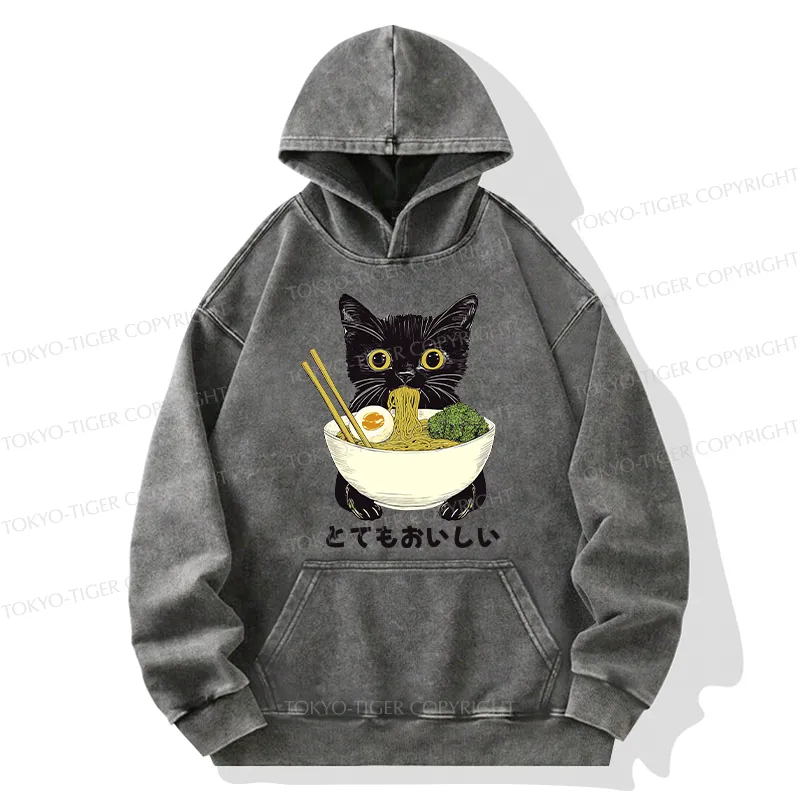 Tokyo-Tiger Ramen Lover Cute Cat Washed Hoodie