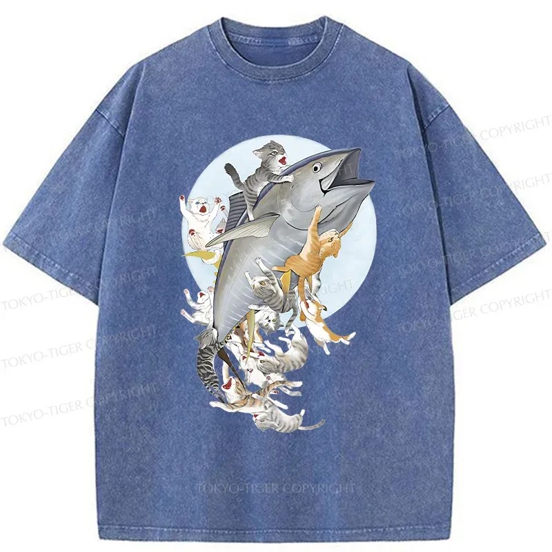 Tokyo-Tiger Cats Caught Tuna Washed T-Shirt