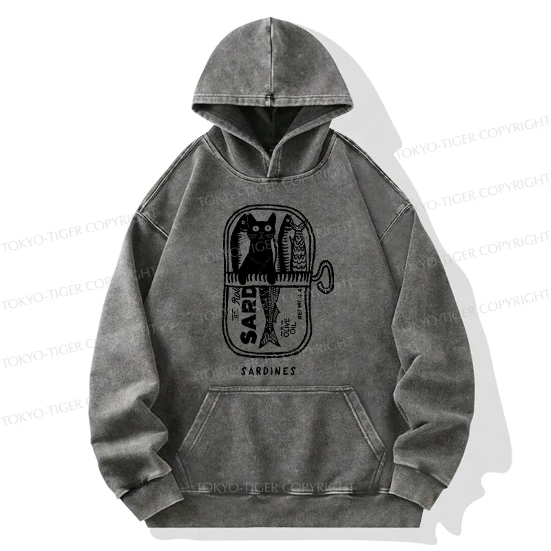Tokyo-Tiger Cat Hiding In A Sardine Can Washed Hoodie