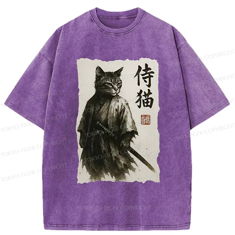 Tokyo-Tiger Cat Japanese Samurai Washed T-Shirt