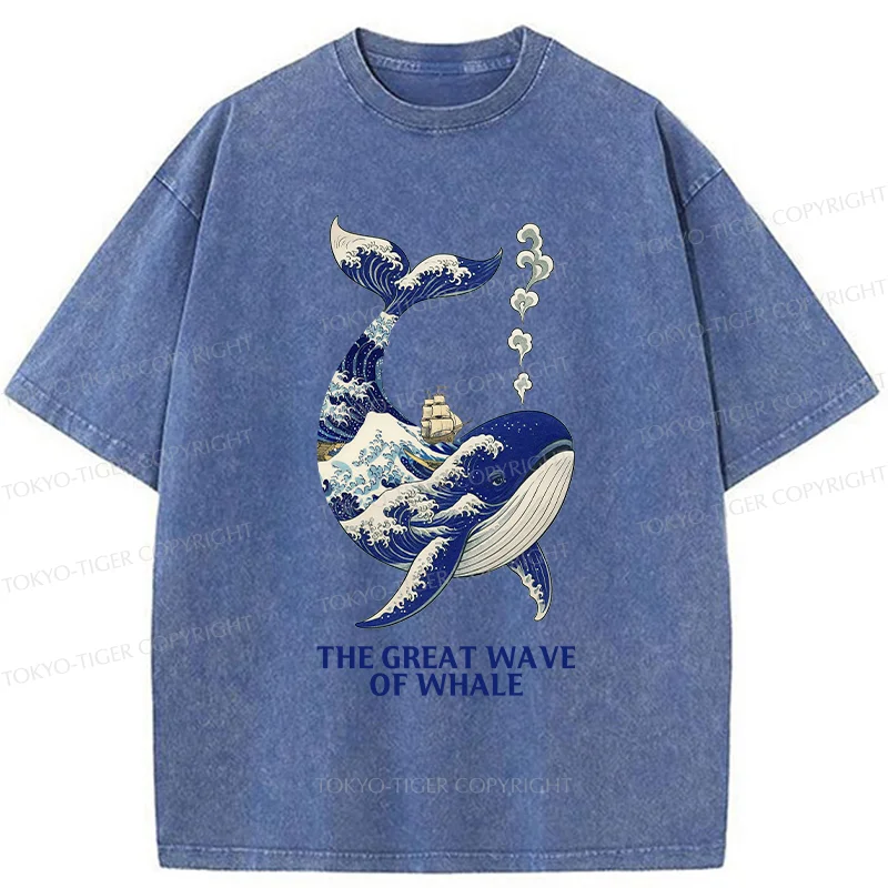 Tokyo-Tiger Ukiyoe Wave Whale Washed T-Shirt