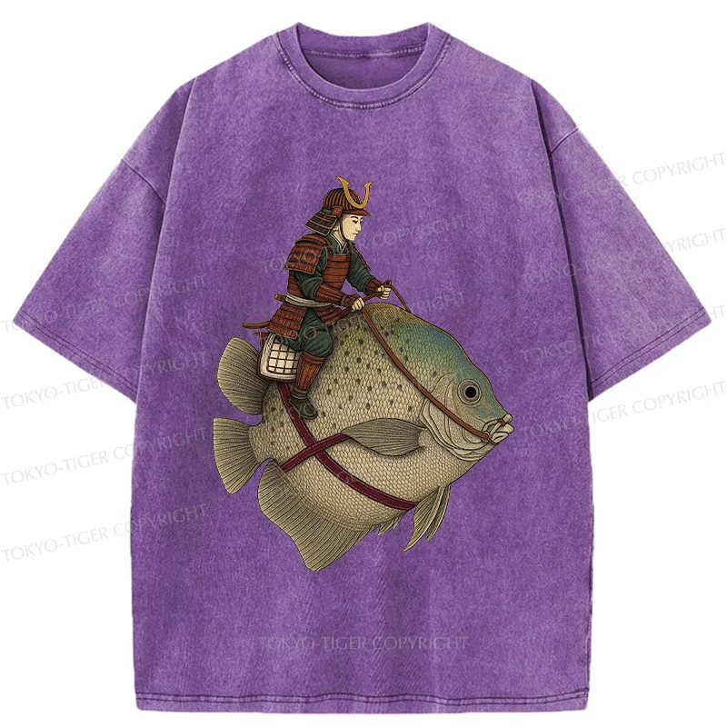 Tokyo-Tiger Samurai Riding A Fish Washed T-Shirt