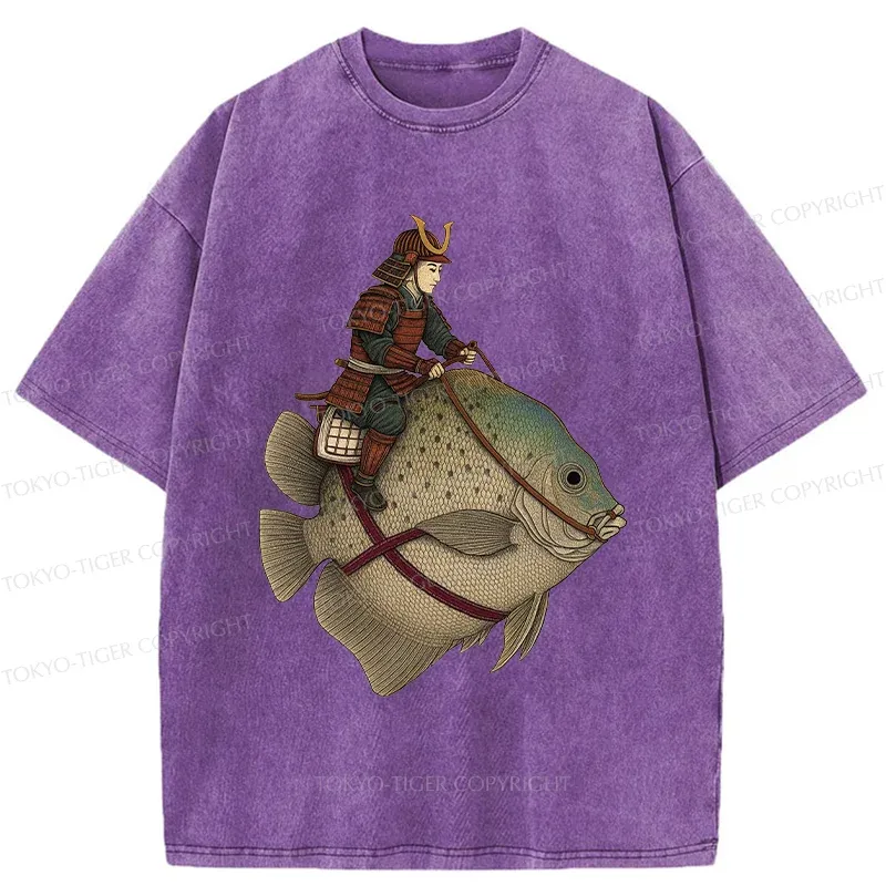 Tokyo-Tiger Samurai Riding A Fish Washed T-Shirt