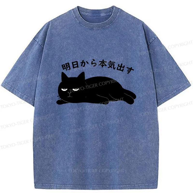 Tokyo-Tiger Lazy Cat Kanji Washed T-Shirt