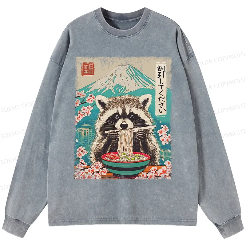 Tokyo-Tiger Please Give Raccoon A Discount Washed Long Sleeve T-Shirt