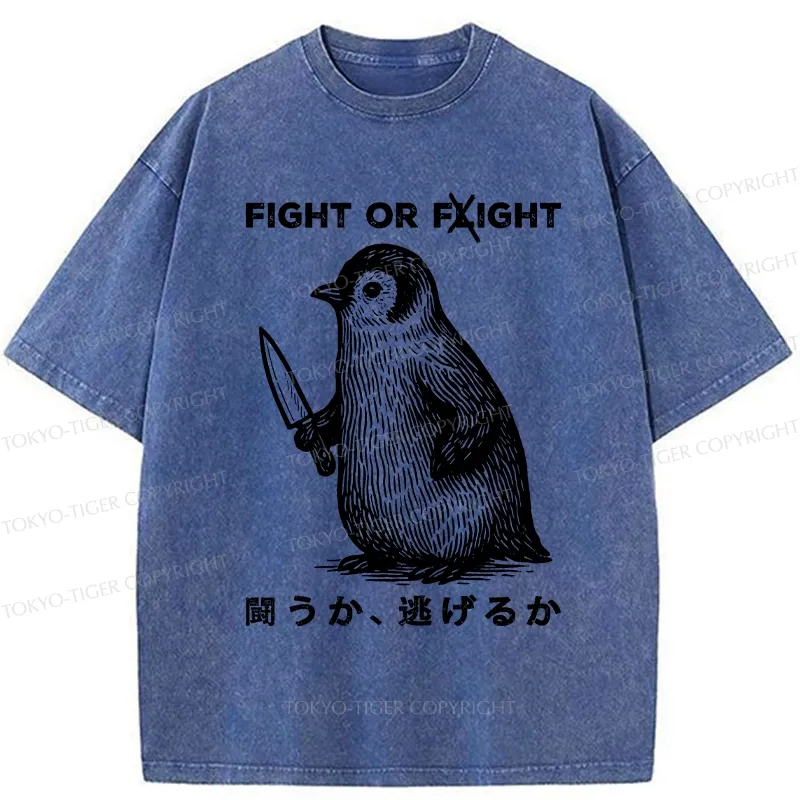 Tokyo-Tiger Funny Fight Or Flight Washed T-Shirt