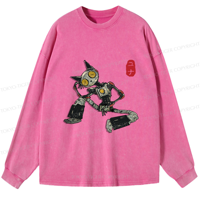 Tokyo-Tiger Contemplative Robot Cat Washed Long Sleeve T-Shirt