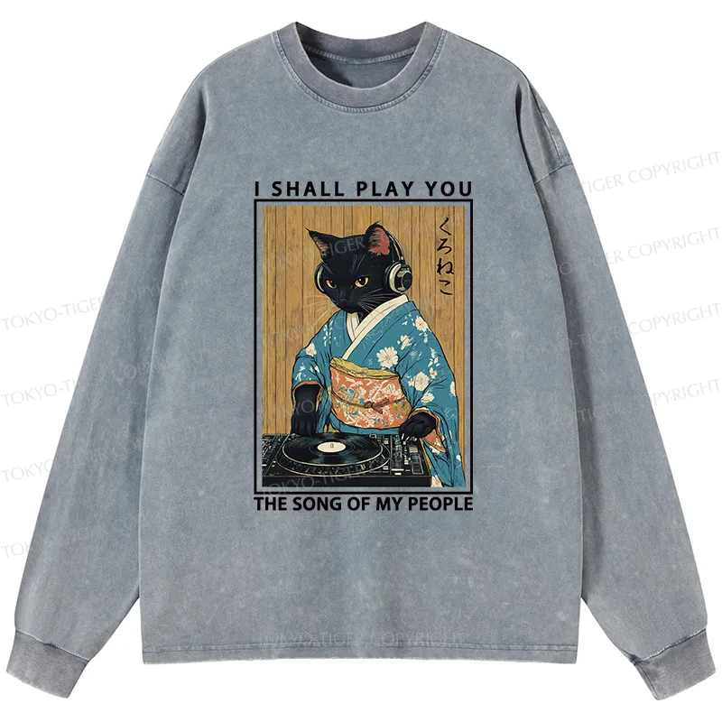 Tokyo-Tiger Funny Playing Music Black Cat Washed Long Sleeve T-Shirt