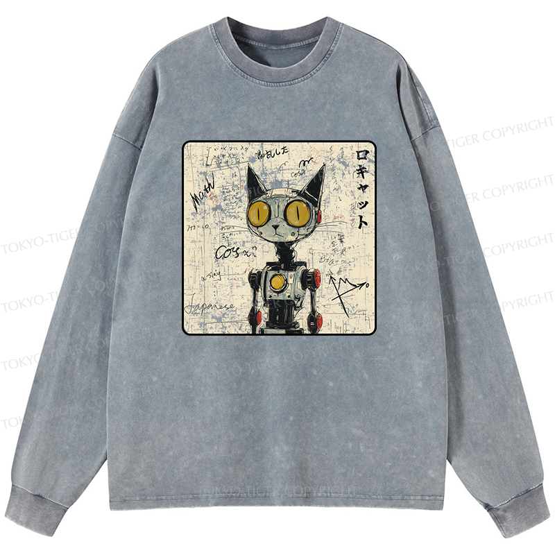 Tokyo-Tiger Robot Cat Washed Long Sleeve T-Shirt