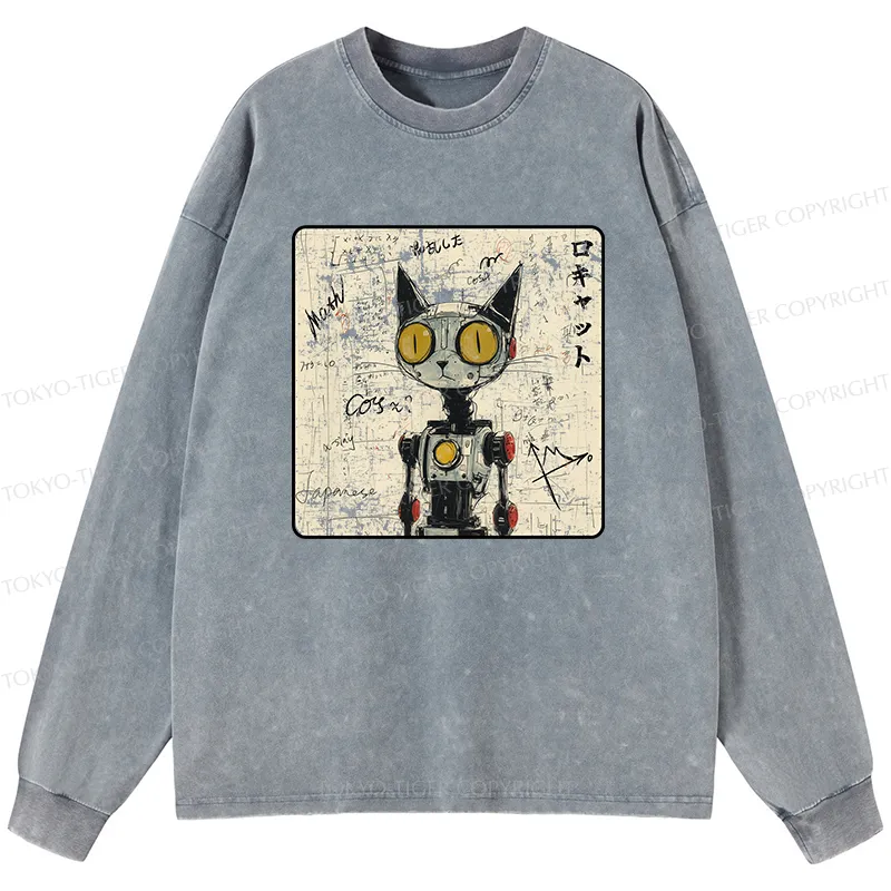 Tokyo-Tiger Robot Cat Washed Long Sleeve T-Shirt
