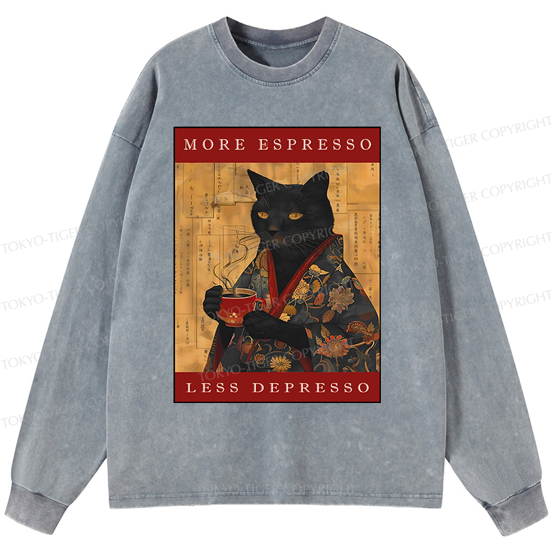 Tokyo-Tiger More Espresso Less Depresso Cat Washed Long Sleeve T-Shirt
