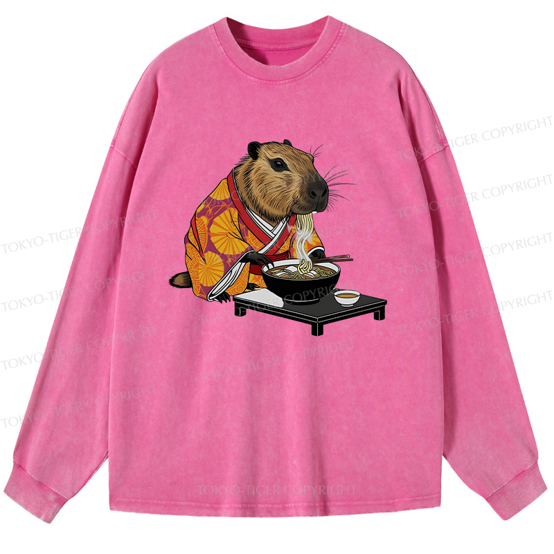 Tokyo-Tiger Cute Capybara Eating Ramen Washed Long Sleeve T-Shirt