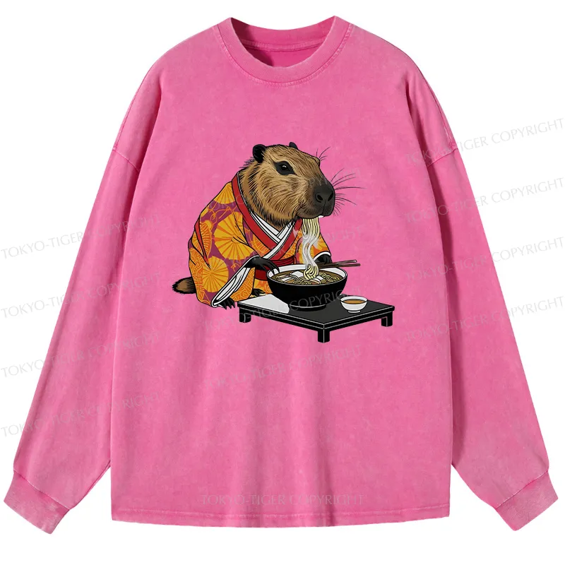 Tokyo-Tiger Cute Capybara Eating Ramen Washed Long Sleeve T-Shirt