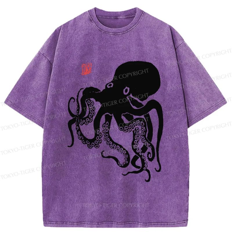 Tokyo-Tiger Retro Japanese Octopu Washed T-Shirt