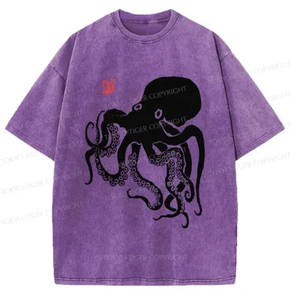 Tokyo-Tiger Retro Japanese Octopu Washed T-Shirt