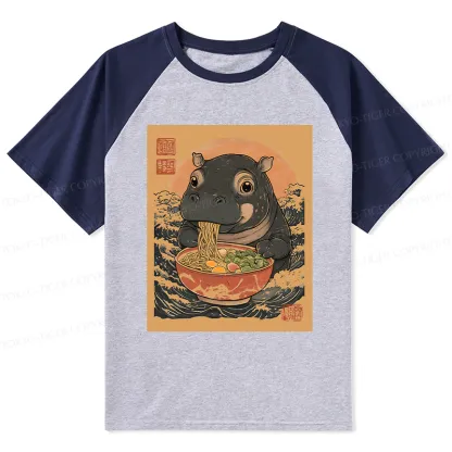 Tokyo-Tiger Moo Deng Eat Ramen Raglan T-shirt