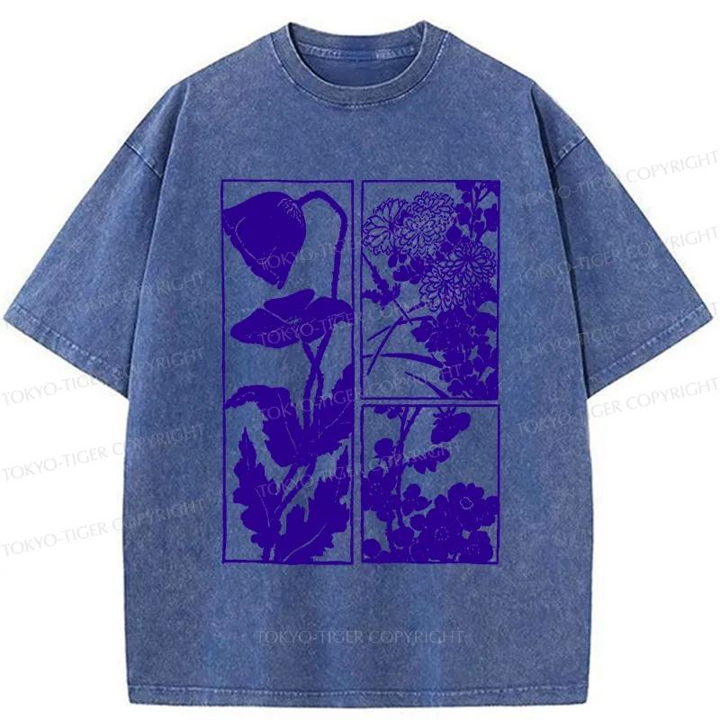 Tokyo-Tiger Woodcut Flowers Washed T-Shirt