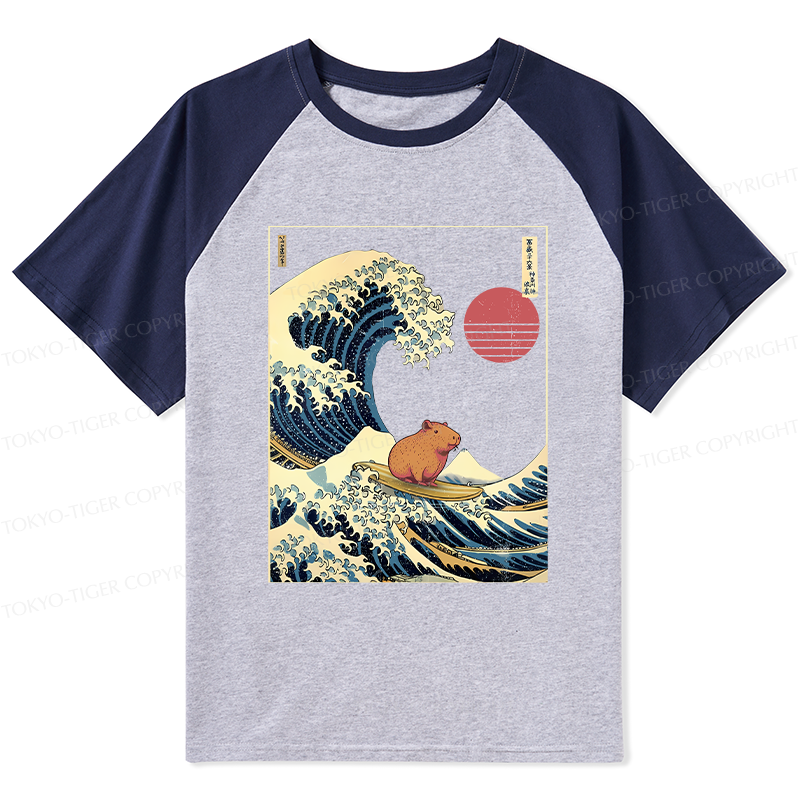 Tokyo-Tiger Capybara Surfing Raglan T-shirt