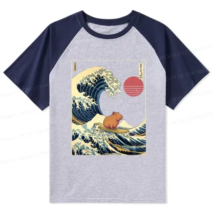 Tokyo-Tiger Capybara Surfing Raglan T-shirt
