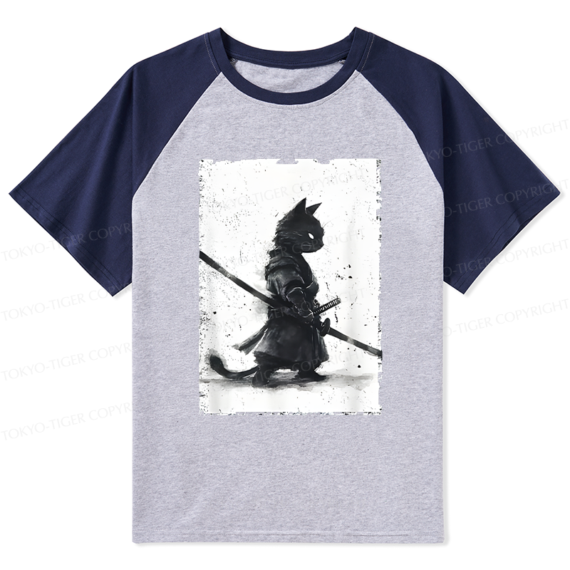 Tokyo-Tiger Retro Cat Samurai Japanese Raglan T-shirt
