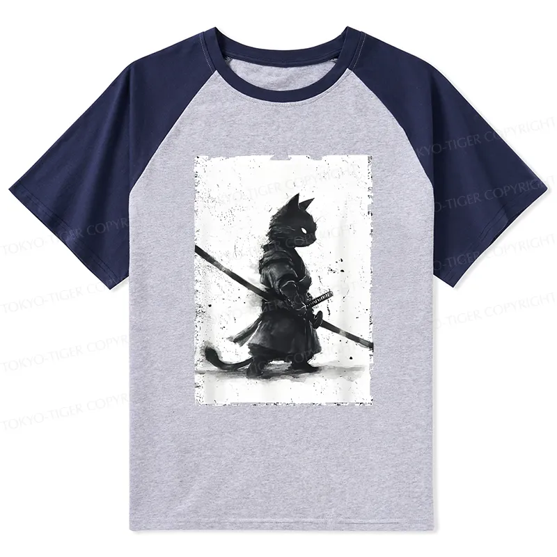 Tokyo-Tiger Retro Cat Samurai Japanese Raglan T-shirt