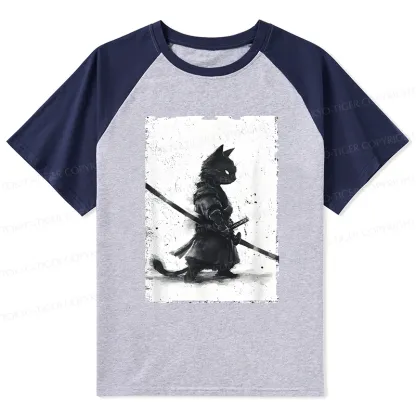 Tokyo-Tiger Retro Cat Samurai Japanese Raglan T-shirt