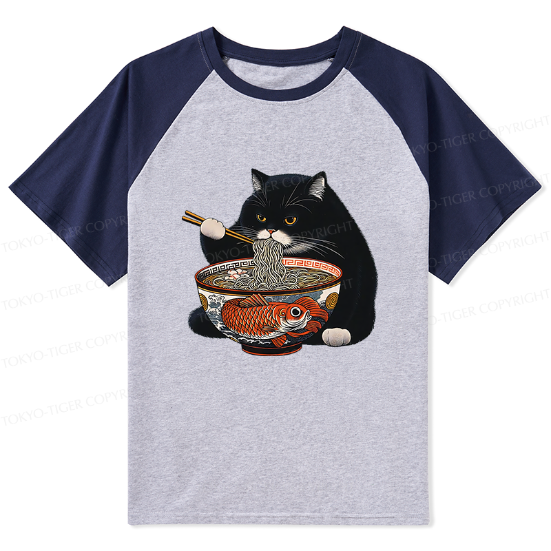 Tokyo-Tiger Fat Cat Eating Ramen Raglan T-shirt