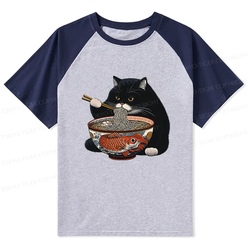 Tokyo-Tiger Fat Cat Eating Ramen Raglan T-shirt