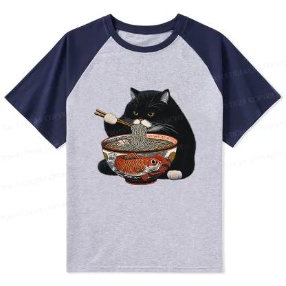 Tokyo-Tiger Fat Cat Eating Ramen Raglan T-shirt