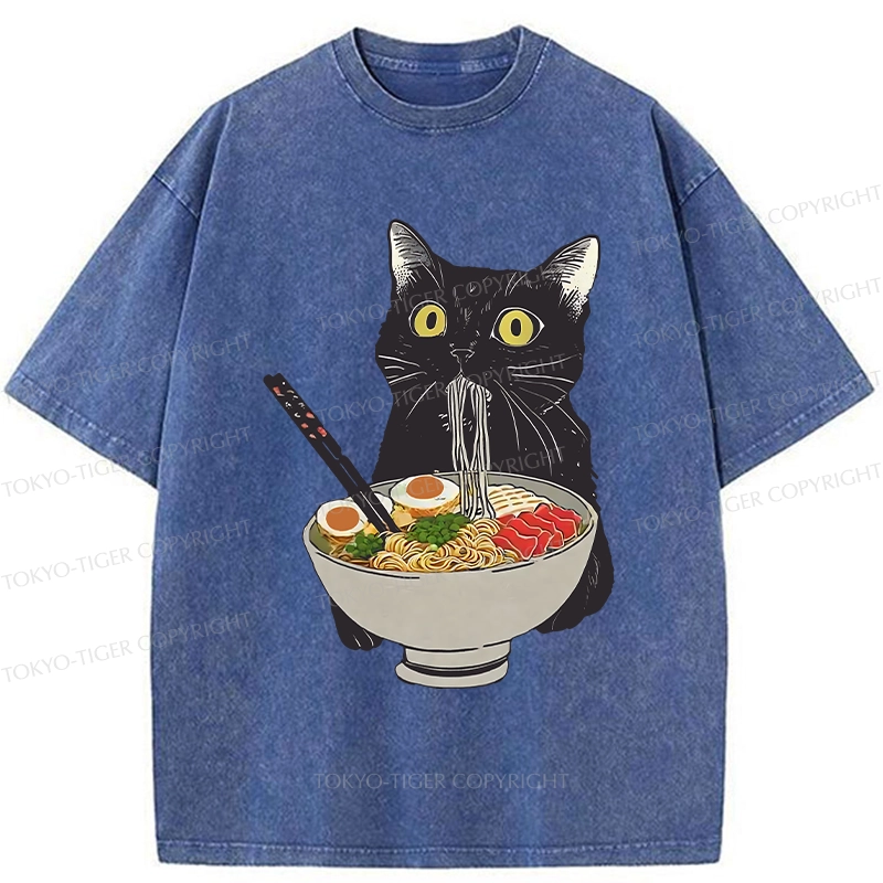 Tokyo-Tiger Cat Eating Hearty Ramen Washed T-Shirt