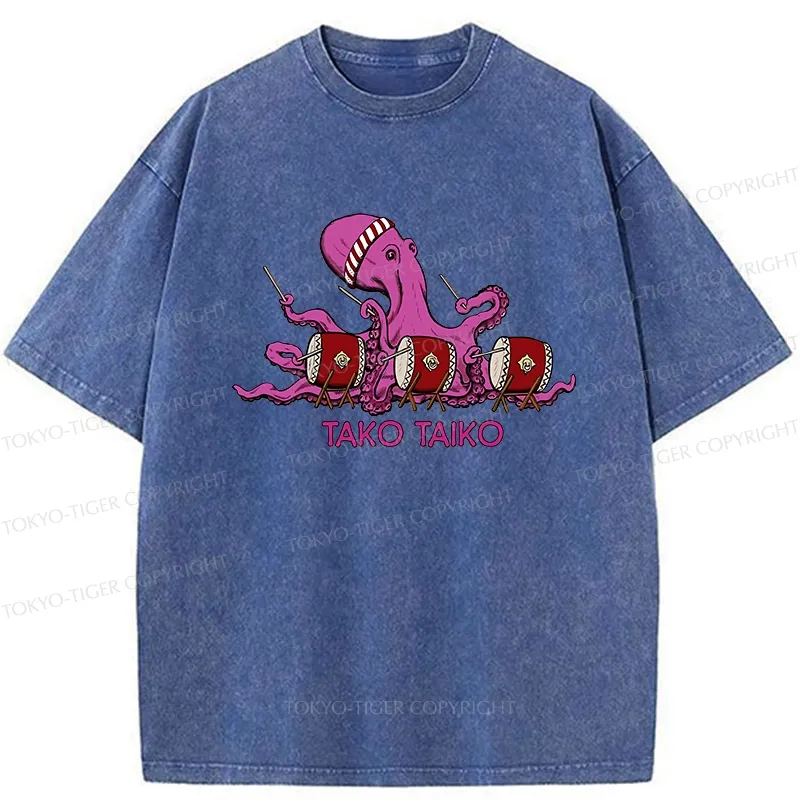 Tokyo-Tiger Funny Octopus Playing Taiko Washed T-Shirt