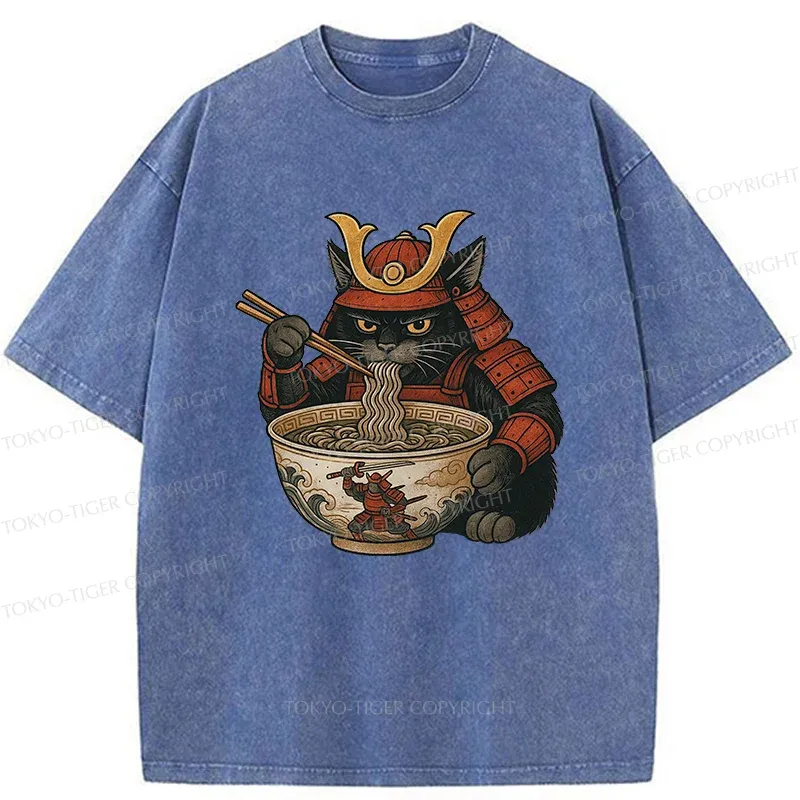 Tokyo-Tiger Cat General Eats Ramen Washed T-Shirt