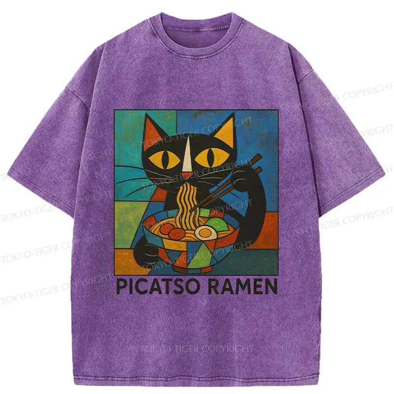 Tokyo-Tiger Abstract Cat Eating Ramen Washed T-Shirt