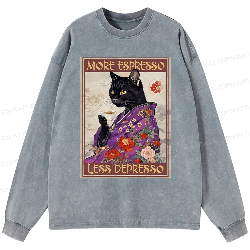 Tokyo-Tiger Japanese Cat Drinking Coffee Washed Long Sleeve T-Shirt
