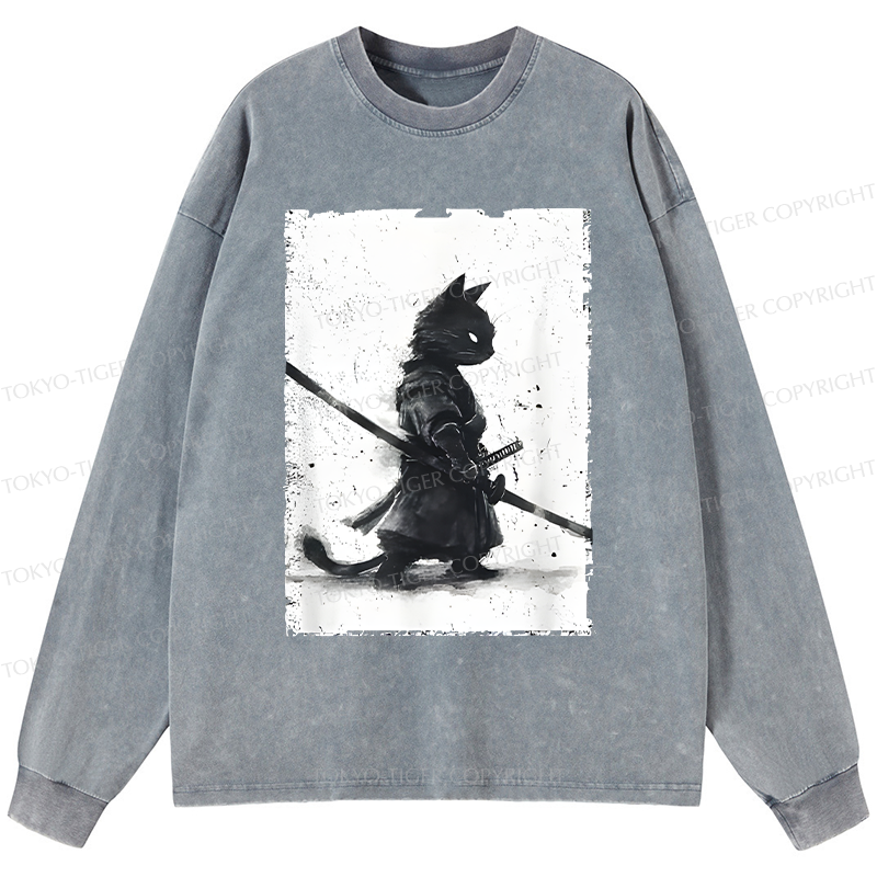 Tokyo-Tiger Retro Cat Samurai Japanese Washed Long Sleeve T-Shirt