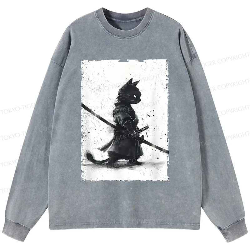 Tokyo-Tiger Retro Cat Samurai Japanese Washed Long Sleeve T-Shirt